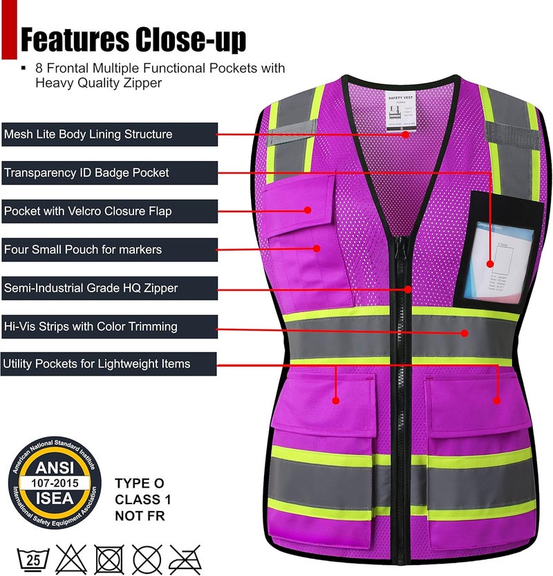 HATAUNKI Safety Vest for Women High Visibility Vest with 8 Pockets and Front Zipper Mesh Reflective Vest Meets ANSI/ISEA Standards(Purple-17, Small) - Image 2